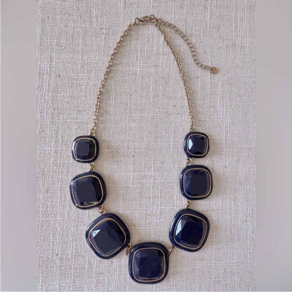 Gold Statement Necklace EUC Navy Blue Beaded Square Gemstone Adjustable Costume